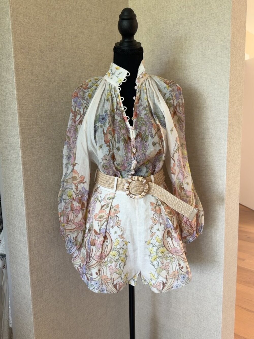 Zimmermann Jude Floral Blouse & Linen Shorts Set w Belt Sz 2/1